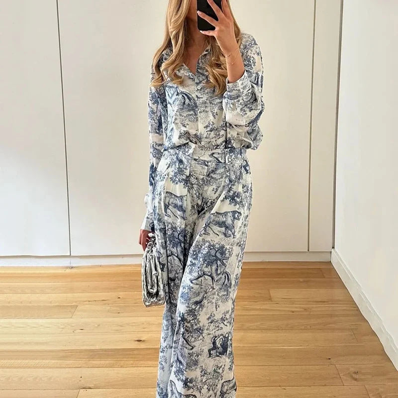 Damen Elegantes Zweiteiliges Set mit weitem Schnitt und floralem Design Drune