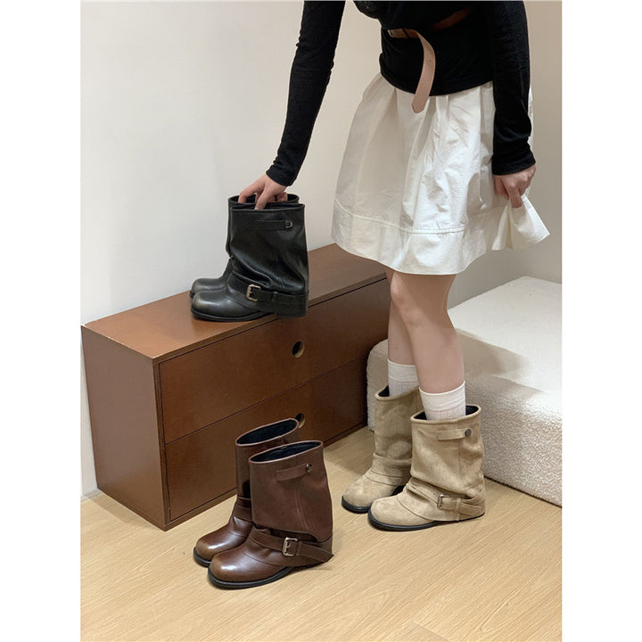 Damen Slouchy Bikerstiefeletten mit verstellbarem Schnallenriemen und runder Zehenform Drune