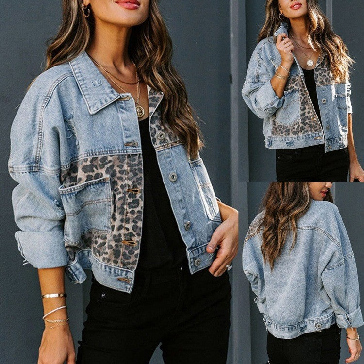 Damen Kurz geschnittene Jeansjacke mit leopardenmuster Drune