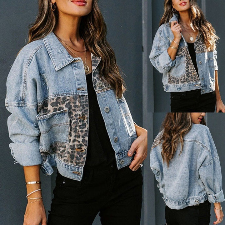 Damen Kurz geschnittene Jeansjacke mit leopardenmuster Drune