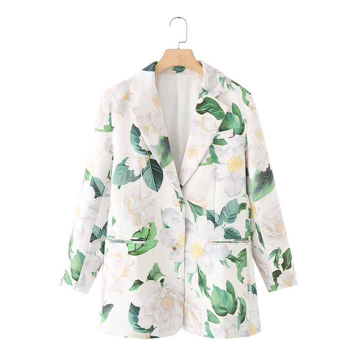 Damen nan floral bedruckter Longblazer mit Reverskragen und Leistentaschen Drune