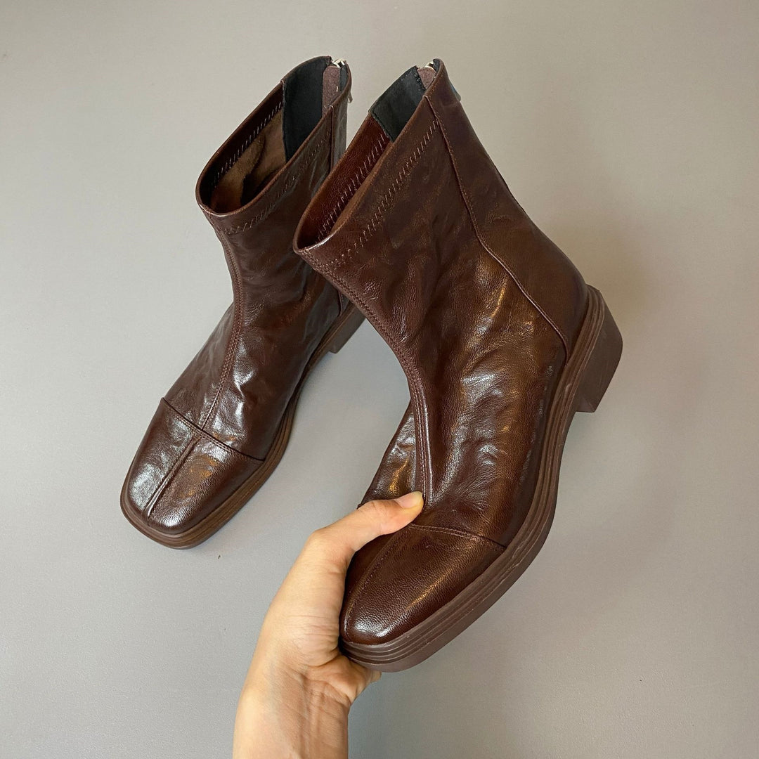 Damen Lederstiefel mit quadratischer Zehenpartie und profilierter Gummisohle Drune