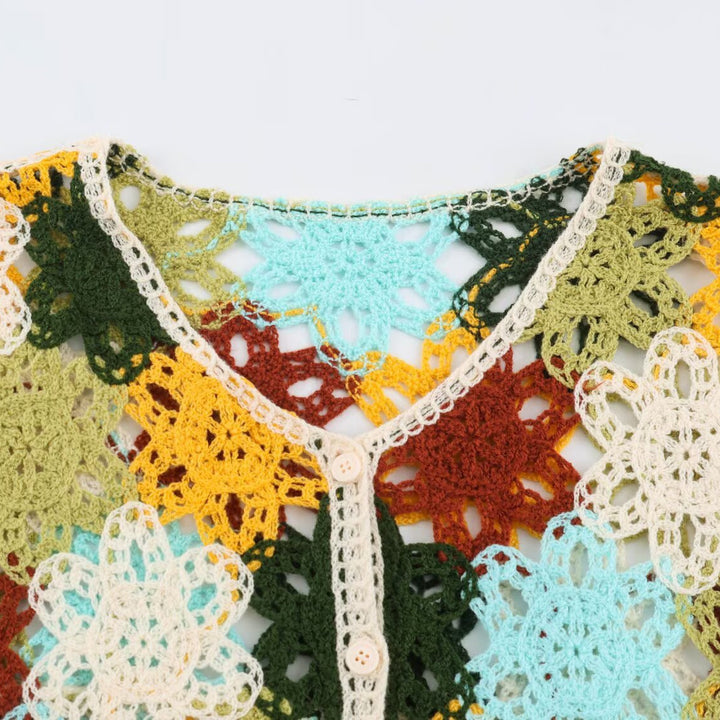 Damen Leichter Häkel-Cardigan mit floralen Häkelmotiven und Knopfleiste Drune