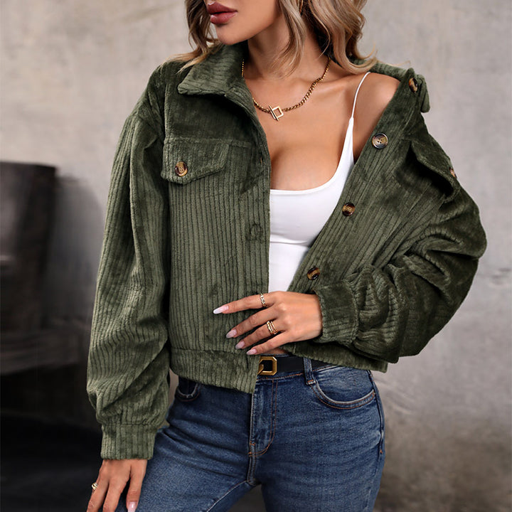 Damen Strickjacke im lässigen Cord-Look mit dekorativen Knöpfen und zwei Brusttaschen Drune
