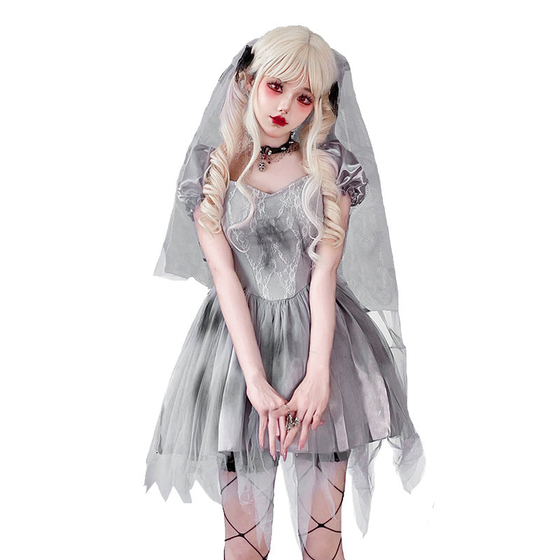 Damen Gothic Brautkleid mit Tüll- und Spitzenverzierungen Drune