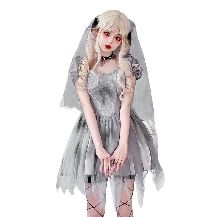 Damen Gothic Brautkleid mit Tüll- und Spitzenverzierungen Drune