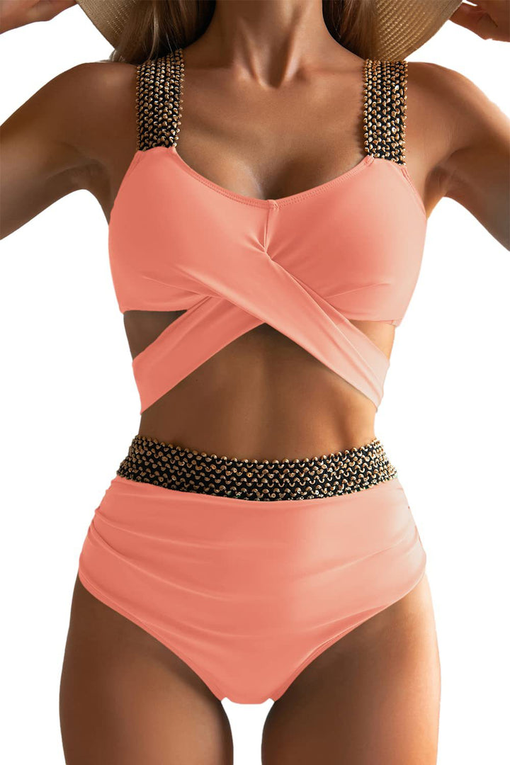 Damen Hochgeschnittener Bikini mit modischem Wickeloberteil und glamourösen Akzenten Drune