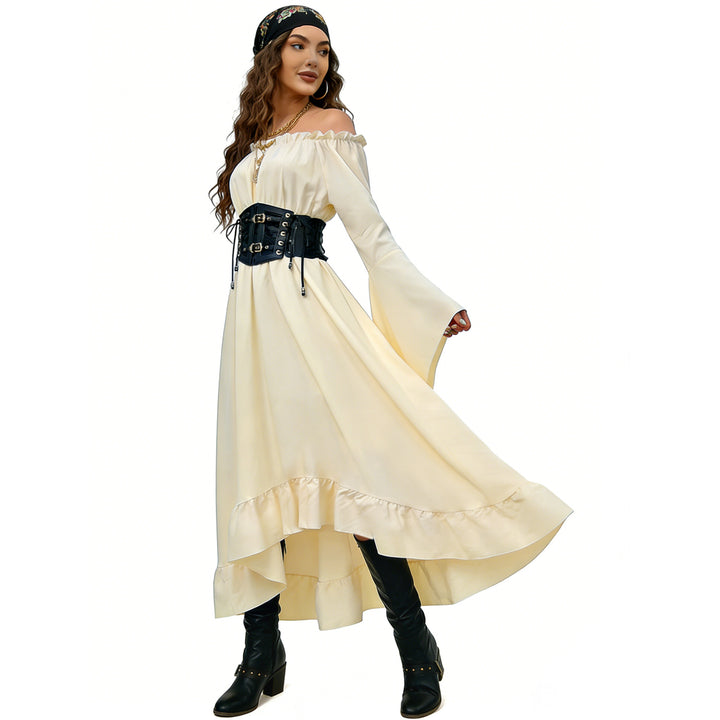Damen nan schulterfreies Maxikleid mit Volantstufen und weiten Trompetenärmeln Drune
