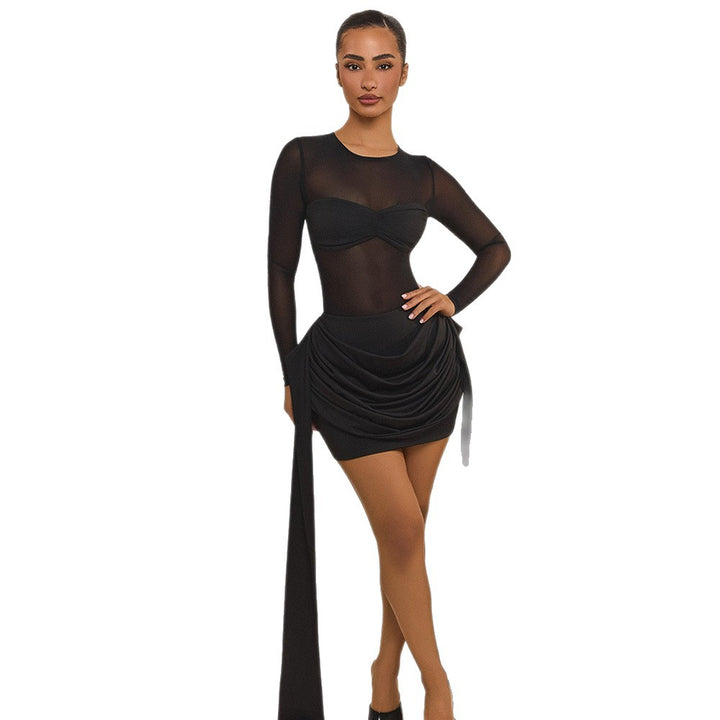 Damen Wickelkleid mit transparenten Ärmeln und eleganter Raffung Drune