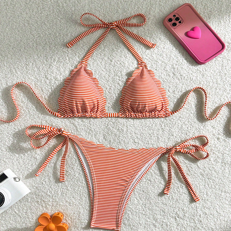 Damen Triangel-Bikini mit verspieltem Rüschendesign und Bindebändern Drune