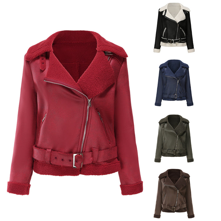 Damen modische Lammfelljacke mit asymmetrischem Reißverschluss und Taillengürtel Drune