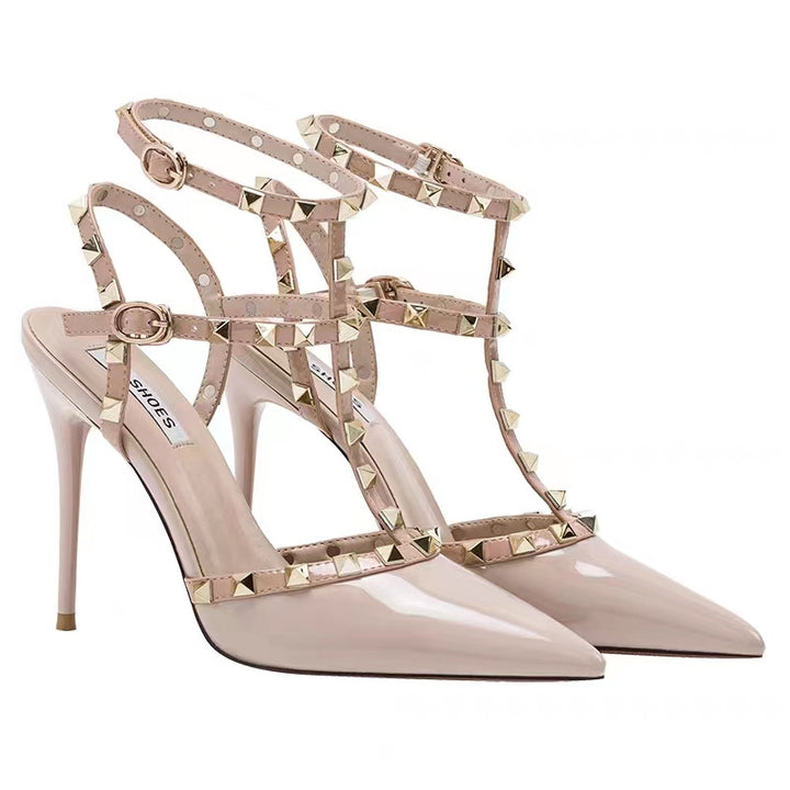 Damen Spitzen T-Strap Stiletto-Sandalette mit Pyramidnieten und verstellbarem Knöchelriemen Drune