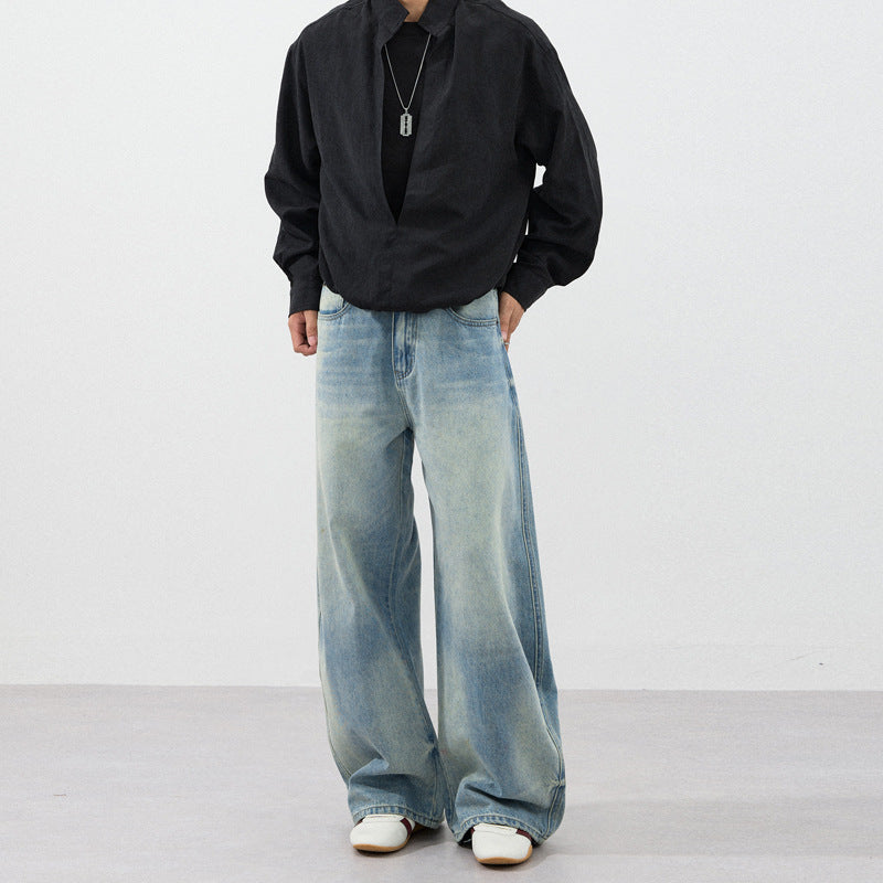 Herren Extraweite Zweiton-Denim-Palazzohose mit Block-Panelen und tiefem Schritt Drune