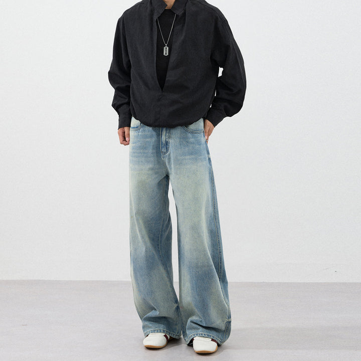Herren Extraweite Zweiton-Denim-Palazzohose mit Block-Panelen und tiefem Schritt Drune