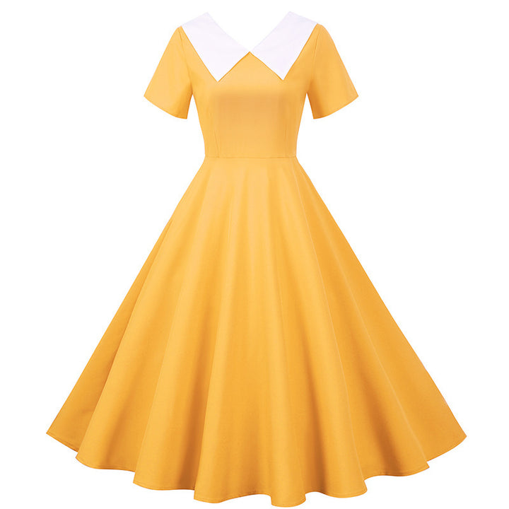 Damen Retro Swingkleid mit elegantem Kragen und weitschwingendem Rock Drune