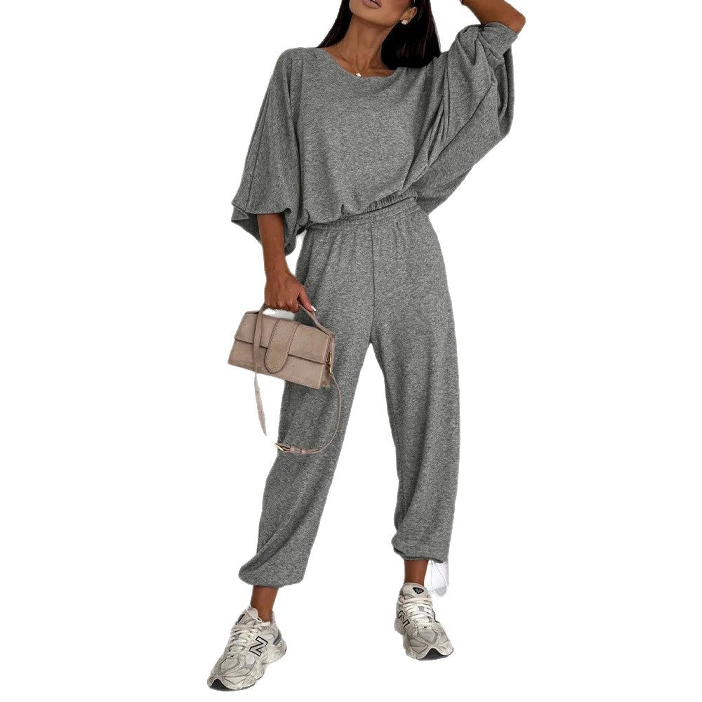 Damen Lässiges Strick-Lounge-Set mit Fledermausärmeln und High-Waist-Joggpants Drune