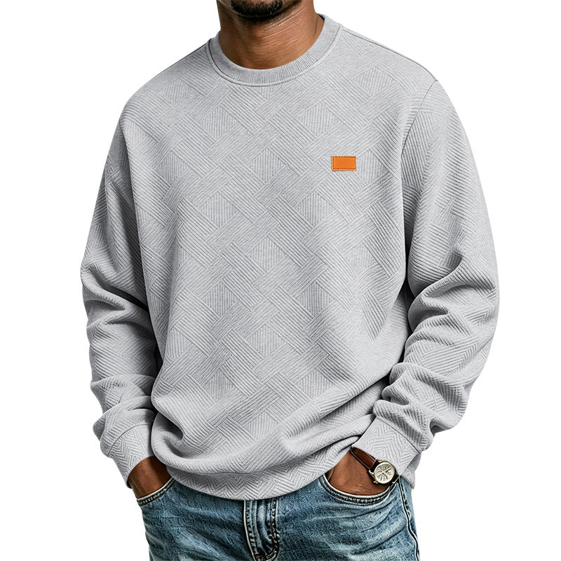 Unisex Texturierter Baumwoll-Crewneck-Sweatshirt mit Rautenstruktur und Lederpatch Drune