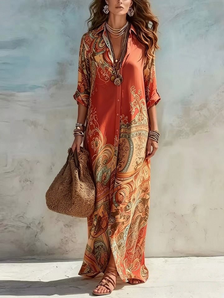 Damen Langarmshirt Kleid im Boho Barock Druck aus luftiger Chiffonqualität Drune