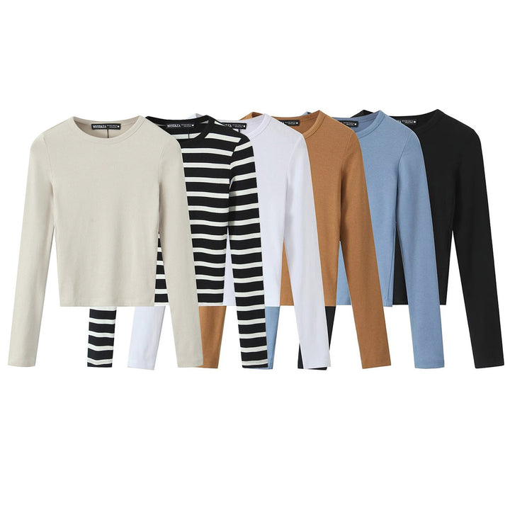 Damen Gestreiftes Cropped-Langarmshirt mit Rundhalsausschnitt Drune