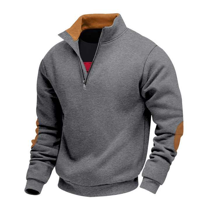 Herren nan Sweatshirt mit Halb-Reißverschluss, Stehkragen und Wildleder-Ellenbogenbesatz Drune