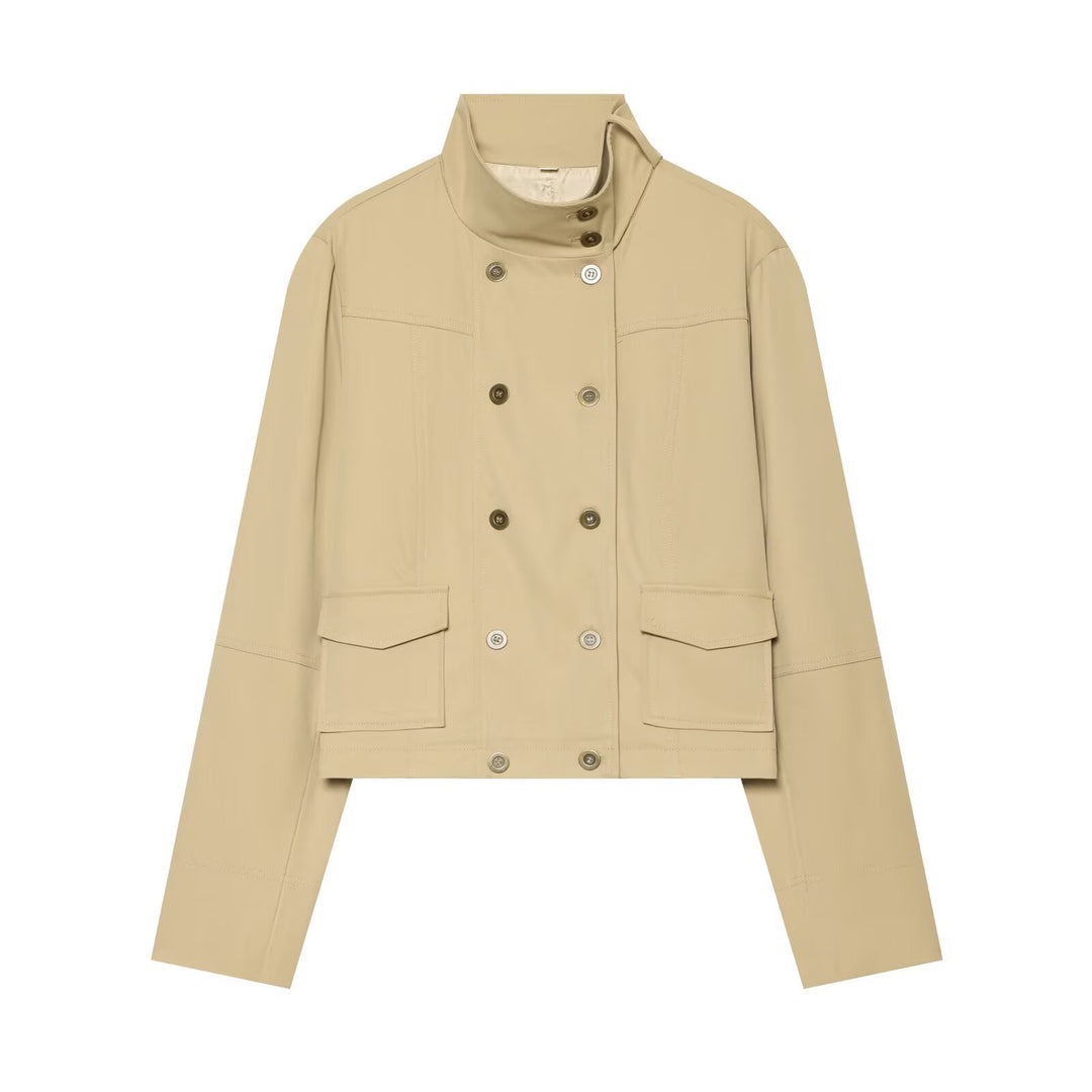 Damen Kurzblouson im Trench‑Stil mit doppelreihiger Knopfleiste und hohem Stehkragen Drune
