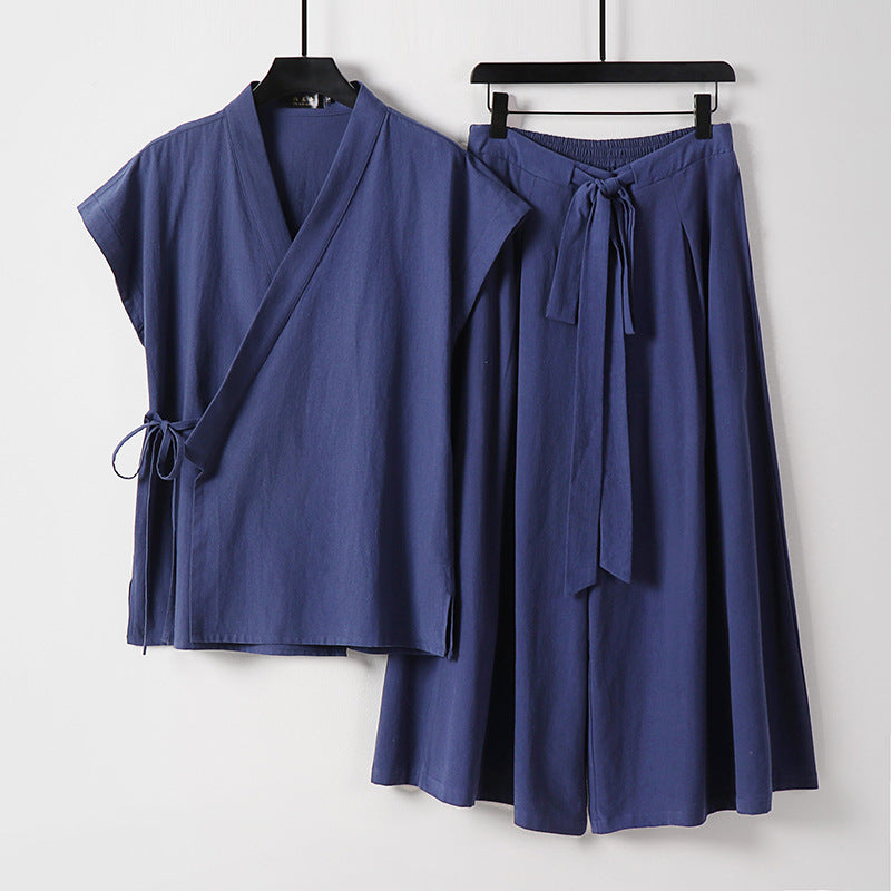 Damen Kimono-Loungewear-Set mit Wickeloberteil und weiter Palazzo-Hose Drune