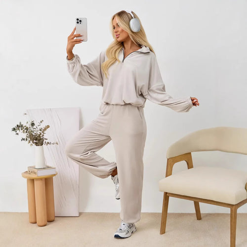 Damen samtiges zweiteiliges Lounge-Set mit Kapuzen-Halbzip und elastischer Bundhose Drune