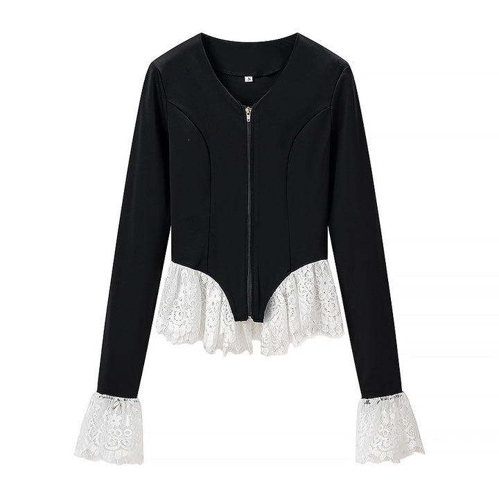 Damen Taillierte Zip‑Jacke mit Spitzenvolant am Saum und Ärmelabschluss Drune
