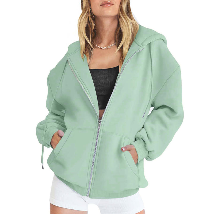 Damen Fleece-Zipjacke im Oversize-Stil mit Kapuze, Kängurutaschen und elastischem Saum Drune