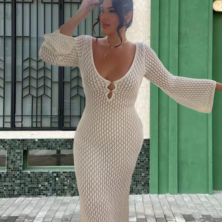 Damen Strick-Maxikleid mit tiefem V-Ausschnitt und modischen Rüschendetails Drune