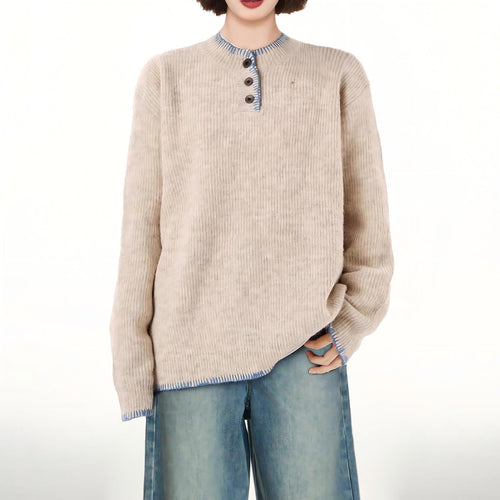Damen Lässiger Pullover mit dekorativen Knopfdetails und kontrastierenden Abschlüssen Drune