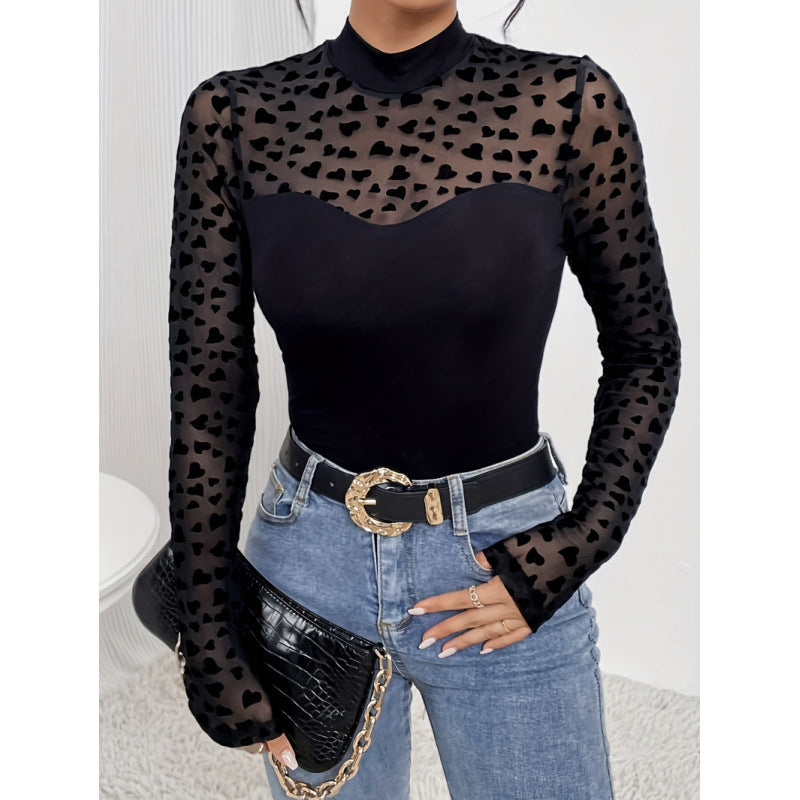 Damen Langarm-Body mit transparenten Herzen und elegantem Stehkragen Drune