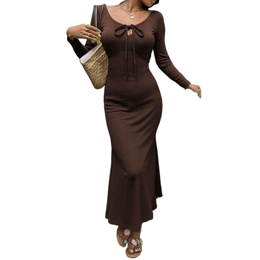 Damen figurbetontes Ripp-Maxikleid mit langen Ärmeln, Knoten‑Keyhole und ausgestelltem Meerjungfrauen-Saum Drune