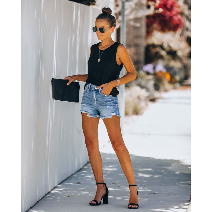 Damen Destroyed Jeansshorts mit hohem Bund und franjierter Saumkante Drune