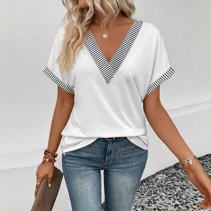 Damen nan lässiges T-Shirt mit tiefem V-Ausschnitt und gestreiften Kontrastblenden Drune