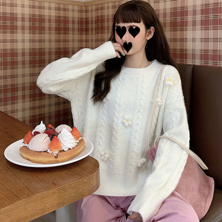 Damen Modischer Grobstrickpullover mit Blumenapplikationen Drune