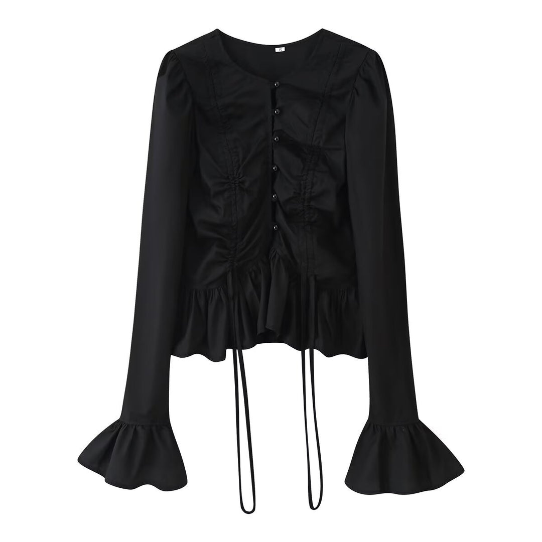Damen Rüschenbluse mit Kordelzug‑Frontraffung, Volant‑Saum und Glockenärmeln Drune
