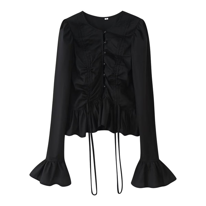 Damen Rüschenbluse mit Kordelzug‑Frontraffung, Volant‑Saum und Glockenärmeln Drune
