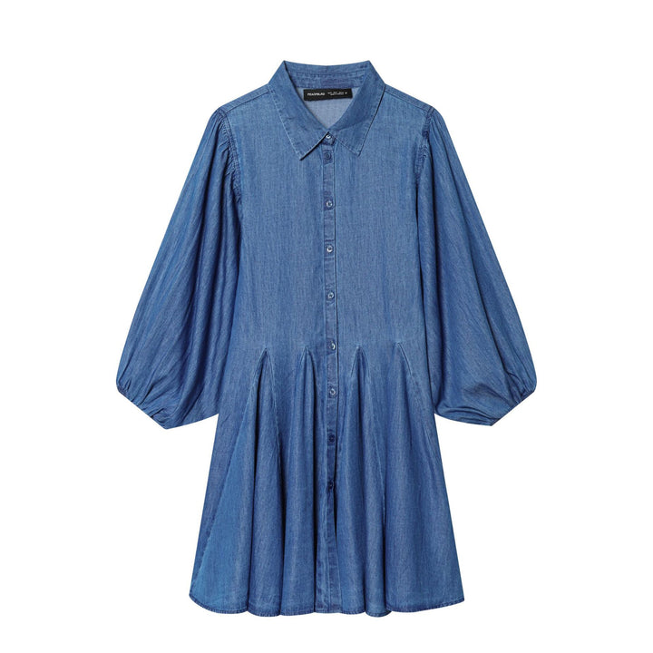 Damen nan weites Hemdkleid im Chambray‑Look mit Ballonärmeln und Taillenfalten Drune