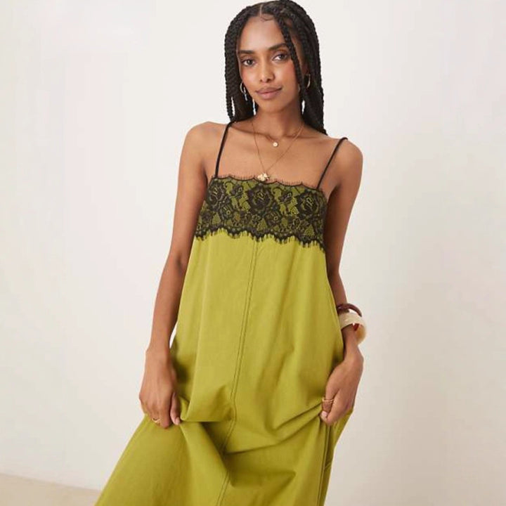 Damen nan nachtwäscheinspiriertes Maxikleid mit Spitzenbustier und schmalen Spaghettiträgern Drune