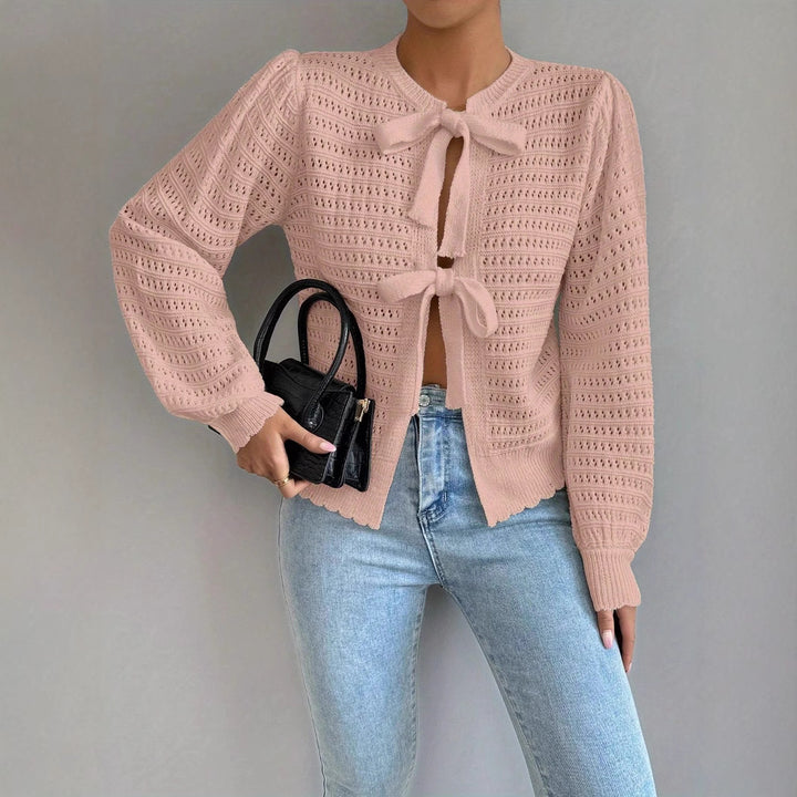 Damen luftige Strickjacke mit Bindegürtel und raffinierten Ausschnitten Drune
