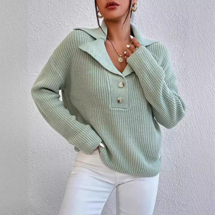 Damen eleganter und lässiger Strickpullover mit Kragen und Knopfleiste Drune