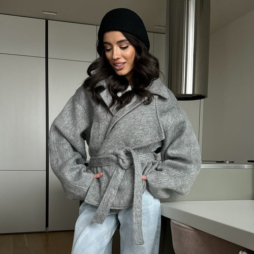 Damen Oversized Wolljacke mit Bindegürtel und lässigem Schnitt Drune