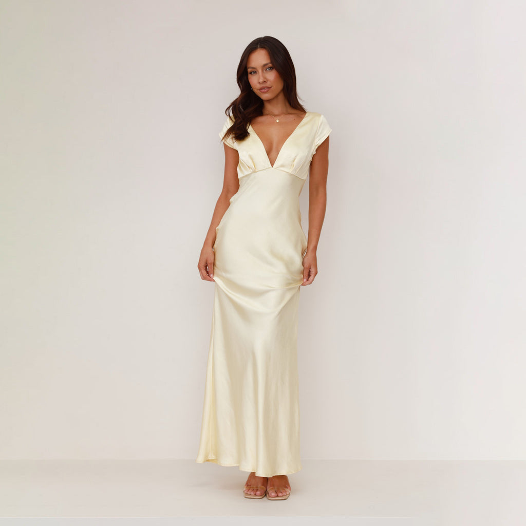 Damen langes Abendkleid mit schickem V-Ausschnitt und elegantem Fall Drune