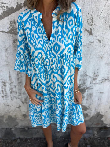 Damen lässiges Baumwollkleid mit V-Ausschnitt und voluminösen Ärmeln Drune