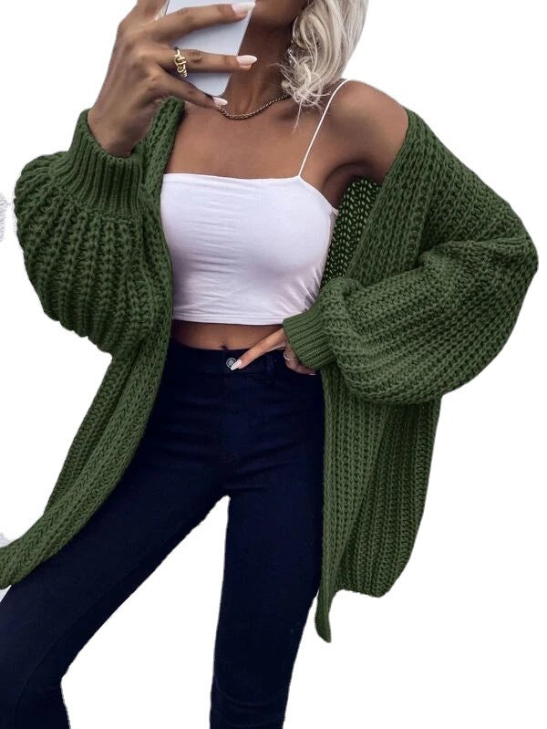 Damen Offener Strickcardigan mit voluminösen Ärmeln und strukturierter Textur Drune