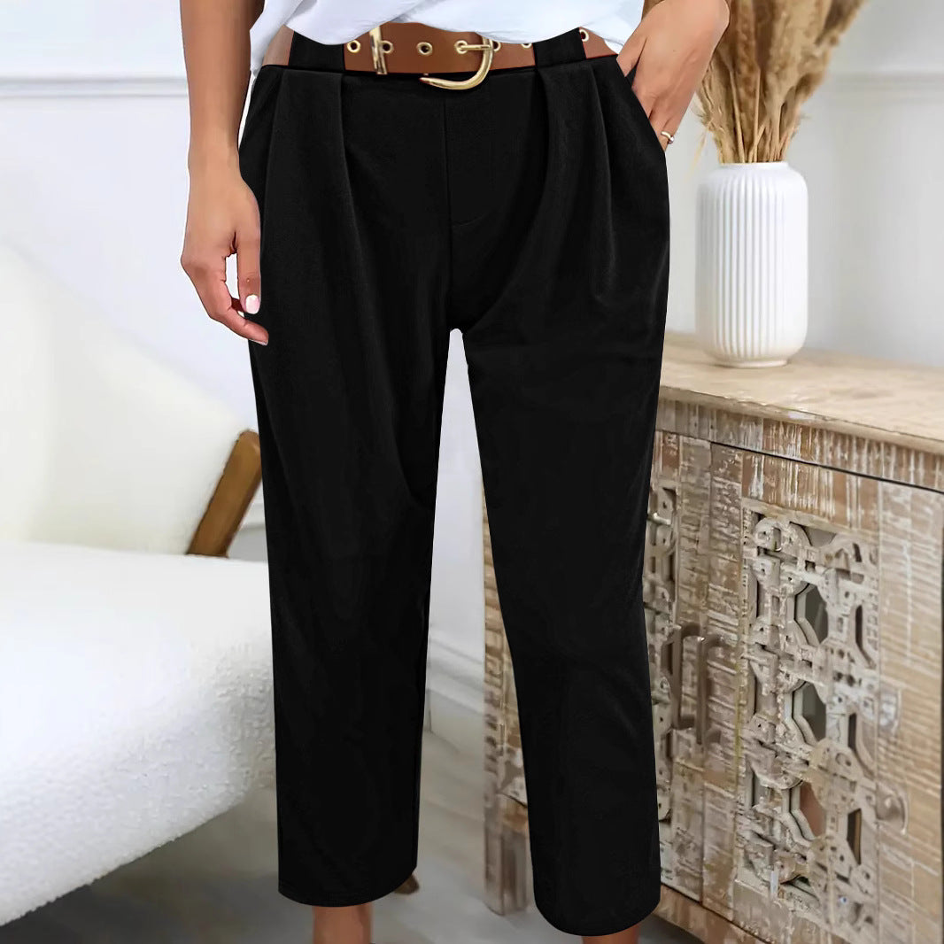 Damen elegante High-Waist Hose mit dekorativen Falten und praktischen Taschen Drune