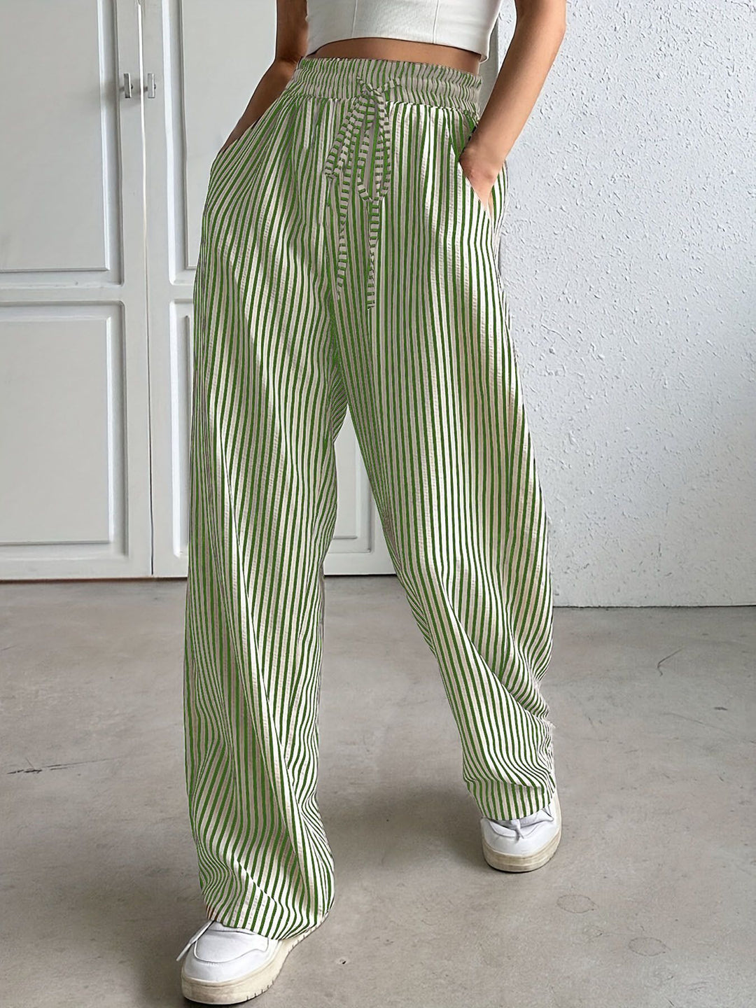Damen Marlene-Streifenhose aus Leinenmix mit weitem Bein, Elastikbund und Kordelzug Drune