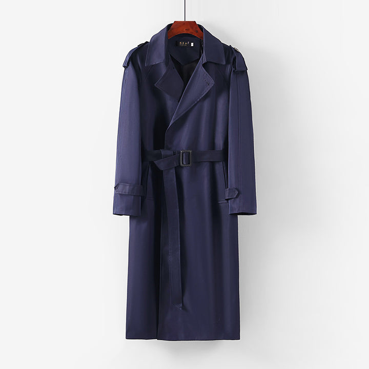 Unisex Langer minimalistischer Trenchcoat mit Gürtel und Schulterklappen Drune