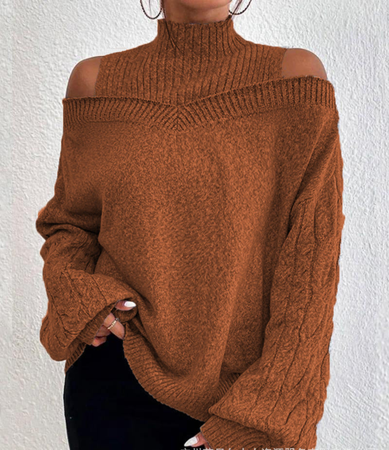 Damen nan schulterfreier Strickpullover mit Stehkragen und Zopfmusterärmeln Drune